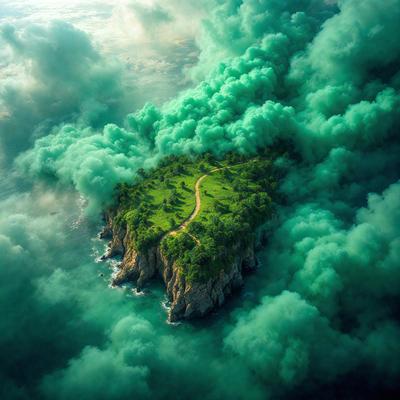 The primary subject of the image is a small island with a road on it, surrounded by a lush green landscape. The setting is a cloudy sky, and the visual style appears to be a combination of photo and digital art. The colors and mood of the image are predominantly green, creating a serene and peaceful atmosphere.